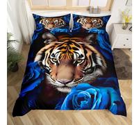 Homewish Tiger Duvet Cover Set Blue Rose Double Size Bedding Sets, Wild Animal Western Quilt Cover African Animals Wildlife Flowers Bed Set