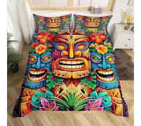 Homewish Tiki Bar Double Bedding Set For Girls,Colorful Tiki Pattern Comforter Cover Exotic Tribe Culture Totem Duvet Cover Tropical Hawaii Watercolor Flowers Leaves Bedspread Cover