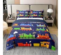 Homewish Train 100% Cotton Bedding Set Single Steam Engine Duvet Cover for Kids Teens Boys Track Transport Retro Railway Blue Green Comforter Cover Soft Comfy Bedclothes
