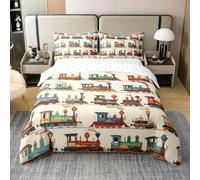 Homewish Train 100% Cotton Duvet Cover Double Steam Engine Bedding Set for Kids Teens Boys Retro Railway Track Transport Brown Red Comforter Cover Soft Comfy Bedclothes