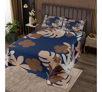 Homewish Tree Leaves Quilt Set Single Jungle Botanical Bedspread Monstera Deliciosa Boho Floral Coverlet Set for Kids Adults,Hawaii Beach Decor Tropical Plant Bedding Quilted,Navy Blue