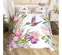 Homewish Tropical Birds Bedding Set Watercolor Hummingbird Comforter Cover For Kids Boys Girls,Romantic Irises Flowers Duvet Cover Jungle Floral Bedroom Decor Single Size Rural Pastoral Style