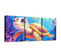 Homewish Turtle Framed Wall Decor 40x30cmx3Pcs, Marine Life Tortoise Canvas Wall Art For Kids Boys Girls Women Men, Underwater World Sea Animal Artwork Posters, Colourful Coral Painting