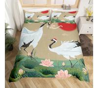 Homewish Ukiyo-E Bedding Sets King Exotic Oriental Comforter Cover, Japanese Style Bed Set Chic Pink Lotus Flower Duvet Cover, Green Lotus Leaves Quilt Cover Ukiyoe Bedroom Decoratives