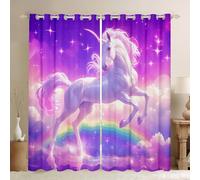 Homewish Unicorn Blackout Curtains Rainbow Unicorn Window Curtains 2 Panel Sets Cute Animal Window Treatments Starry Sky Purple Drapes 66 x 90 Inch For Kids Teen Adults Room Decor