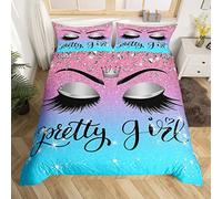 Homewish Unicorn Eyelash Duvet Cover for Kids Girls,Blue Pink Pretty Eyelash Sequins Bedding Set Single,Women Spark Ombre Comforter Cover,Charming Makeup Eyes Bed Sets with 1 Pillowcase Zipper&Ties
