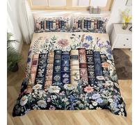 Homewish Vintage Book Duvet Cover Double Rustic Flowers Bedding Set for Adults Teens Literary Lover Modern Reading Comforter Cover Retro Readers Library Bookshelf Bedclothes Room Decor