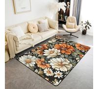 Homewish Vintage Daisy Area Rug 100x150 cm Retro Flower Floral Carpet Garden Plant Leaves Botanical Indoor Floor Mat Victorian Groovy Flowers Decorative Washable Rug,Orange Green