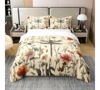 Homewish Vintage Dragonfly Super King Duvet Cover Boho Botanical Floral Coton Bedding Set Mid Century Nature Plants Quilt Cover For Kids Boys Girls,Rustic Wild Flowers Dragonflies Bed Sets
