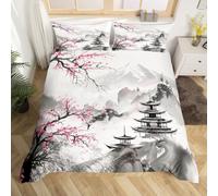 Homewish Vintage Oriental Chinese Duvet Cover Double Size, Japanese Cherry Blossom Bedding Set for Kids Teens Adults, Japanese-Style Floral Quilt Cover, Ink Painting Landscape Print Bed Sets