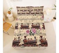 Homewish Vintage Steam train Single Fitted Sheet Pink Roses boho florals Bed Sheets Deep Pocket 16 inch (40 cm),Musical notes Bedding Set Victorian Romance Aesthetic Bed Cover with 1 Pillowcase