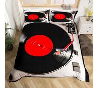 Homewish Vinyl Record Single Bedding Set,Red and Black Music Player Duvet Cover for Kids Child,Modern Musical Rhythm Bedding Set,Vintage Country Style Reversible Bedspread Cover,2 Piece