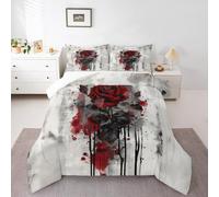 Homewish Watercolor Floral Kids Comforter Set King Size,Red Black Rose Romantic Flowers Quilted Duvet with 2 Pillowcases Valentine's Day Couple Theme Comforter for Boys Teens Bedroom