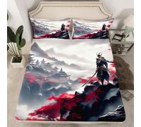Homewish Watercolor Samurai Fitted Sheet Single Japanese Style Bed Sheets Mountain Bedding Set for Kids Boys Girls,Ukiyoe Bed Cover 2 Pcs