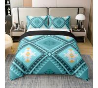 Homewish Western Boho Aztec 100% Cotton Duvet Cover Double Turquoise Rustic Farmhouse Bedding Set For Kids Boys Girls Adults Southwestern Quilt Cover Bohemian Geometric Bed Set 3 Pcs