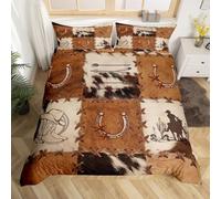 Homewish Western Cowboy Comforter Cover Super King Rustic Horse Cowboy Bedding Set for Kids Boys Men,Patchwork Farmhouse Cowhide Duvet Cover West Country Cow Print Quilt Cover Brown 2 Pillow Cases