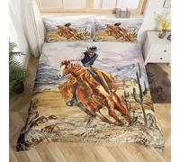 Homewish Western Cowboy Duvet Cover Double,Rustic Farmhouse Cowboy Comforter Cover,Galloping Horse Bedding Set,Wild West Desert Quilt Cover,Watercolor Oil Painting Farm Cactus Bed Cover with Zipper