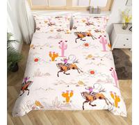 Homewish Western Cowgirl Bedding Junior for Kids Girls Teens Bedroom - Wild West Horse Duvet Cover Set with 1 Pillowcase - Retro Cactus Mountain Quilt Cover Rustic Country Vintage Bed Set Beige