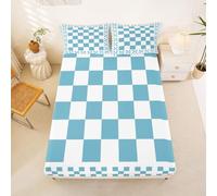 Homewish White and Blue Plaid Bedding Set Double Geometric Checkerboard Fitted Sheet Patchwork Checkered Bed Sheets for Kids Teens Girls,Modern Farmhouse Bed Cover 3 Pcs