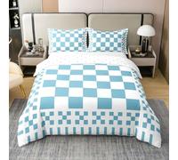 Homewish White and Blue Plaid Double Bedding Set Geometric Checkerboard Coton Duvet Cover Patchwork Checkered Quilt Cover Modern Farmhouse Bed Sets