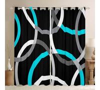 Homewish White and Blue Striped Window Curtains 52 x 63 Inch 2 Panel Sets - Grey Black Circle Stripes Blackout Curtains Abstract Aesthetic Geometric Window Treatments Drapes Retro Swirl Lines