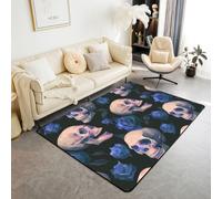 Homewish White Blue Sugar Skull Area Rugs 150x200cm for Bedroom Living Room - Gothic Flowers Rose Modern Floor Carpet Valentine Floral Large Rugs Warm Soft Bedclothes Non Shedding Carpet