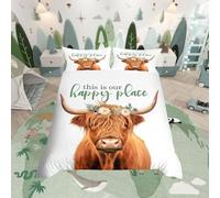Homewish White Highland Cow Single Duvet Cover Set - Rustic Scandinavian Cottagecore Floral Bedding for Kids Adults Bedroom Cabin - Scottish Hairy Coo Farmhouse Bed Sets with 1 Pillowcase