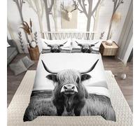 Homewish White Highland Cow Single Duvet Cover Set - Rustic Scandinavian Style Minimalist Bedding for Kids Adults Bedroom Cabin - Scottish Hairy Coo Farmhouse Microfibre Bed Sets with 1 Pillowcase
