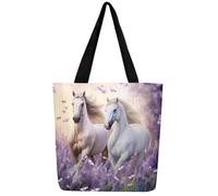 Homewish White Horse Canvas Bag Horse Tote Bag, Purple Lavender Print Reusable Grocery Bag Western Rustic Farmhouse Horse Canvas Tote Bag Farmstyle Horse Shopping Bag
