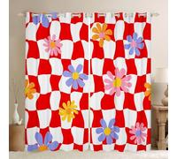 Homewish White Red Gingham Plaid Blackout Curtains 52 x 63 Inch 2 Panel - Rustic Boho Floral Window Curtains for Bedroom - Squiggle Grid Buffalo Checkered Window Treatments Drapes Decor