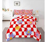 Homewish White Red Gingham Plaid Single Duvet Set - Rustic Boho Floral Bedding Set Squiggle Grid Buffalo Checkered Quilt Set - Abstract Art Modern Geometric Coverless Duvet with 1 Pillowcase