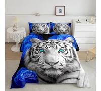 Homewish White Tiger Kids Comforter Set Twin Size,Blue Flowers Romantic Rose Floral Bedding Set for Teens Bedroom,3D Wild Animal Africa Style Quilted Duvet Set with 1 Pillowcase