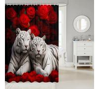 Homewish White Tiger Shower Curtain Set Red Rose Bathroom Shower Curtain 72" Wx84 L,Romantic Flowers Wild Animal Bath Curtain Big Cat African Safari Animals Waterproof Wall Art Bathroom Decor