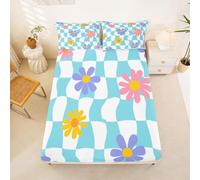 Homewish White Turquoise Gingham Plaid Bed Sheets Double Rustic Boho Floral Fitted Sheet Deep Pocket 16 inch (40 cm),Squiggle Grid Buffalo Checkered Bedding Set Bed Cover with 2 Pillowcases