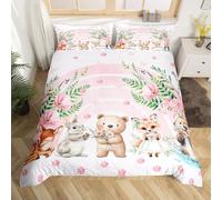 Homewish Wild Animals Cot Bedding Safari Duvet Cover Set Kawaii Pink Girly Rabbit Bear Fox Deer Seal Sea Otter Quilt Cover Kids Floral Flowers Warm Soft Bedclothes Bed Sets