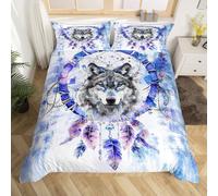 Homewish Wild Wolf Duvet Cover Double for Kids Teens Adults Safari Animal Print Bedding Set, Hippie Dream Catcher Comforter Cover Navy Gradient Bed Set, Boho Feather Bedroom Set (Zipper Closure)