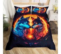 Homewish Wolf for Kids Bedding Set,Outer Space Glitter Single Comforter Cover Feather Starry Sky Duvet Cover,Red And Blue Wolves Wildlife Bed Cover