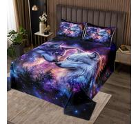 Homewish Wolf Quilt Set Single Cool Wolf Print Bedspread Wild Animal Wolf Decor Bed Set Blue Purple Galaxy Print Coverlet Set Wildlife Wolf Decor Bedding for Boys Girls Kids