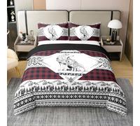 Homewish Wolf Single Duvet Cover with 1 Pillowcase - Red Plaid Checkered Cotton Bedding Set Rustic Cabin Aztec Ginham Quilt Cover Woodland Animals Lodge Western Bed Sets