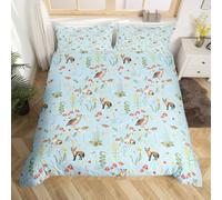 Homewish Woodland King Size Duvet Cover Sets Microfiber Reversible, Vintage Floral Bedding Set Aesthetic Room Decor, Cute Owl Rabbit Fox Pattern Bedding & Linen, Rustic Sky Blue Quilt Cover