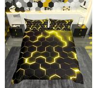 Homewish Yellow Black Geometric Comforter Cover Neon Hexagon Honeycomb Bedding Set for Boys Kids Teen Men Reversible Black,Modern Duvet Cover Geometrical Beehive Quilt Cover Double
