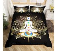 Homewish Yoga Meditation Bedding Set King Trippy Seven Chakra Comforter Cover Hamsa All Seaing Eye Bed Set Neon Gold Lotus Man Ala Duvet Cover Black Indian Hippie Chakra Quilt Cover 3 Piece