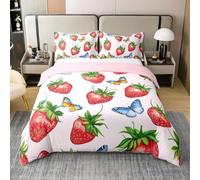 Homewish Yummy Strawberry Cotton Duvet Cover Single for Kids Boys Girls,Flying Butterflies Comforter Cover,Summer Fruit Bedding Set,Garden Wildlife Bed Set with 1 Pillow Sham for Bedroom