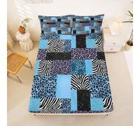 Homewish Zebra Cheetah print Bed Sheets Double fashion Leopard print Fitted Sheet Teal Blue Patchwork geometric square Bedding Set for Kids Teens Girls,Wild Animal Bed Cover 3 Pcs