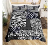 Homewish Zebra Print Bedding Sets King Animal Print Comforter Cover Black White Grey Bed Set Cheetah Leopard Duvet Cover, Gray Buffalo Plaid Quilt Cover Wildlife Patchwork Decor