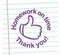 Homework on time. Thank You! Teacher Stamp. Self-Inking, 22mm, Reinkable, Quality Stamper for Marking and Praise. Purple Ink