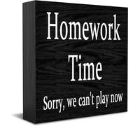 Homework Time Sorry, We Can'T Play Now Home Office Decor Wooden Box Sign, Decorative Positive Office Desk Accessories Wood Plaque Wood Table Sign For Tv Cabinet Shelf 5 X 5 Inch