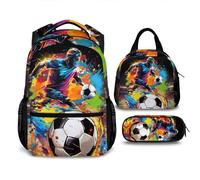 Homexzdiy Boys School Backpack Soccer Bookbag with Lunch Bag and Pencil Case, Backpacks for Kindergarten Elementary School Camping Hiking Travel