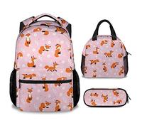 Homexzdiy Cute Fox Backpack with Lunch Box Set for Girls Boys, 3 in 1 School Backpacks Matching Combo, Cute Pink Bookbag and Pencil Case Bundle