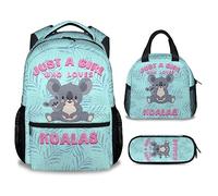 Homexzdiy Girls Koala Backpack with Lunch Box Set for Kids, 3 in 1 School Bookbag Matching Combo, Cute Koala Bookbag and Pencil Case Bundle